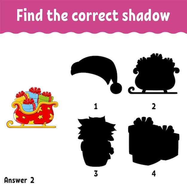 Find the correct shadow. education developing worksheet. christmas theme.