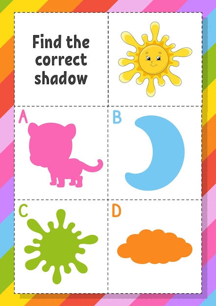 Trova l'ombra corretta foglio di lavoro per lo sviluppo dell'istruzione per bambini gioco di puzzle pagina attività personaggio dei cartoni animati