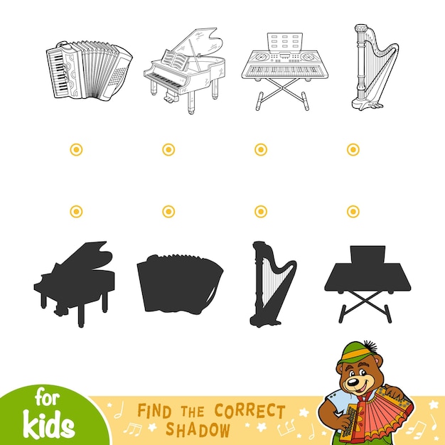 Find the correct shadow, education game for children. Black and white set of musical instruments