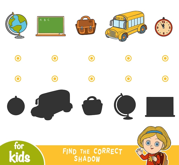 Find the correct shadow, education game for children. Cartoon school objects