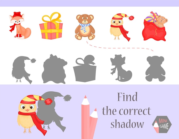 Find the correct shadow, education game for children. Cute Cartoon animals and Nature. vector illustration.