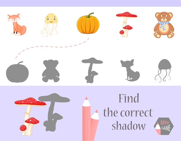 Trova l'ombra corretta, gioco educativo per bambini. simpatici animali del fumetto e natura. illustrazione vettoriale.
