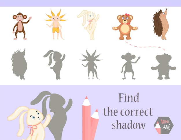 Find the correct shadow education game for children Cute Cartoon animals and Nature vector illustration