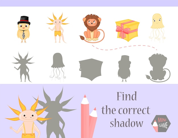 Trova il gioco di educazione all'ombra corretto per bambini simpatici animali dei cartoni animati e illustrazione vettoriale della natura