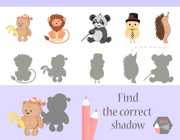 Find the correct shadow education game for children Cute Cartoon animals and Nature vector illustration