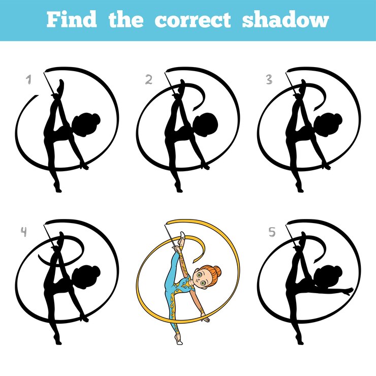 Vector find the correct shadow, education game for children, the gymnast with a ribbon