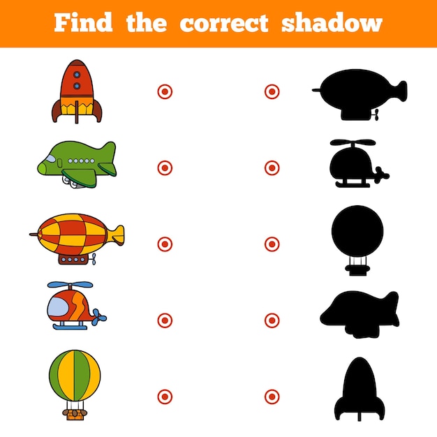 Find the correct shadow, education game for children. set of cartoon transport