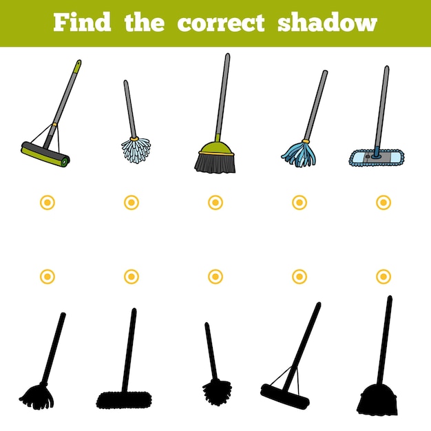 Find the correct shadow, education game for children. set of objects for cleaning