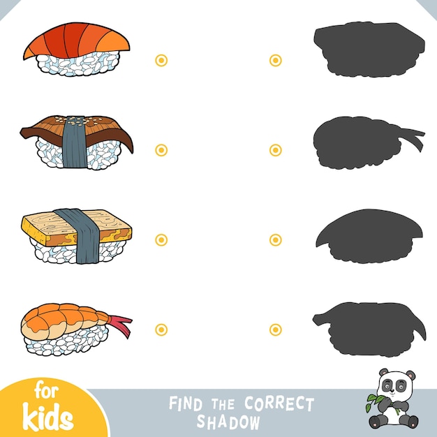 Vector find the correct shadow education game for children set of sushi nigiri