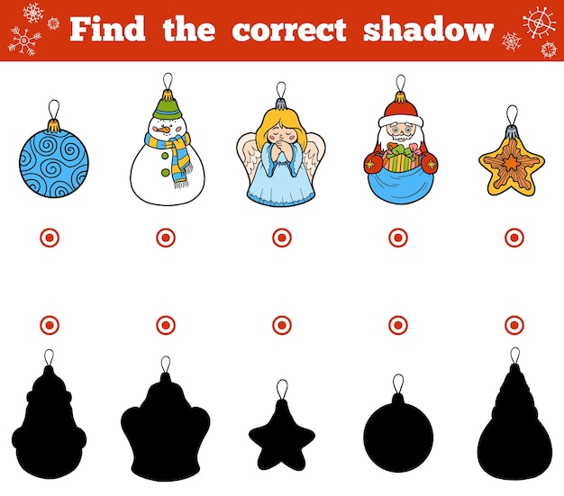 Find the correct shadow, education game for children. vector set of christmas tree toys