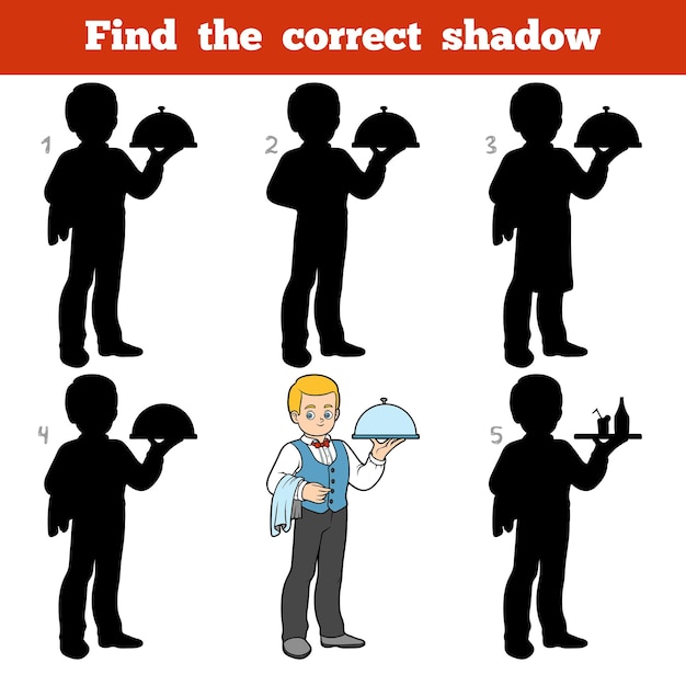 Find the correct shadow, education game for children, waiter