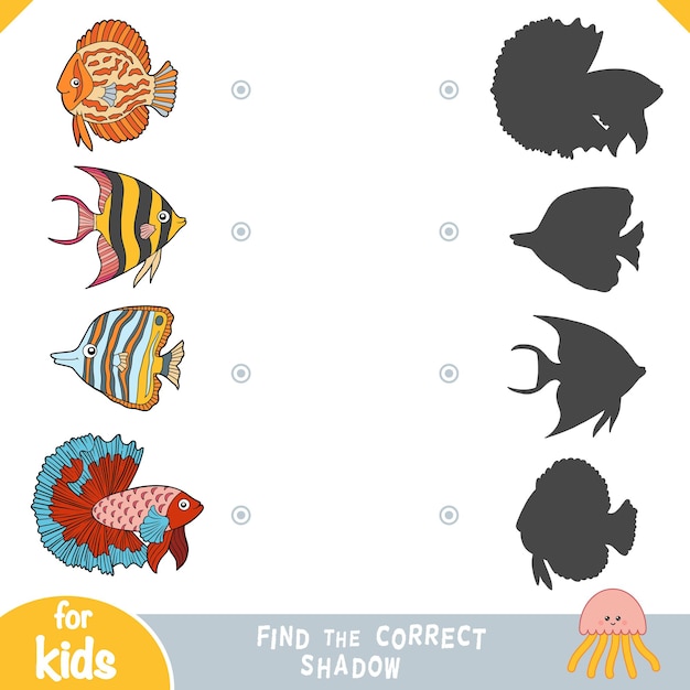 Find the correct shadow education game Set of cartoon fish