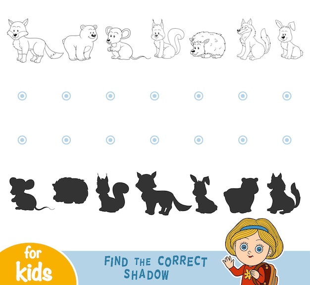 Find the correct shadow, education games for children. black and white forest animals