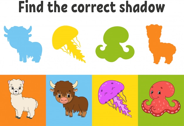 Find the correct shadow. Education worksheet. Alpaca, yak, jellyfish, octopus. Matching game for kids.