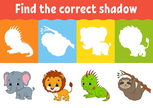 Find the correct shadow education worksheet matching game for kids color activity page animal theme