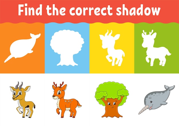 Find the correct shadow Education worksheet Matching game for kids Color activity page Puzzle for children cartoon character