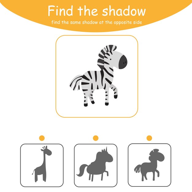 Find the correct shadow. Educational game for children. Cartoon vector illustration. Animals. Zebra