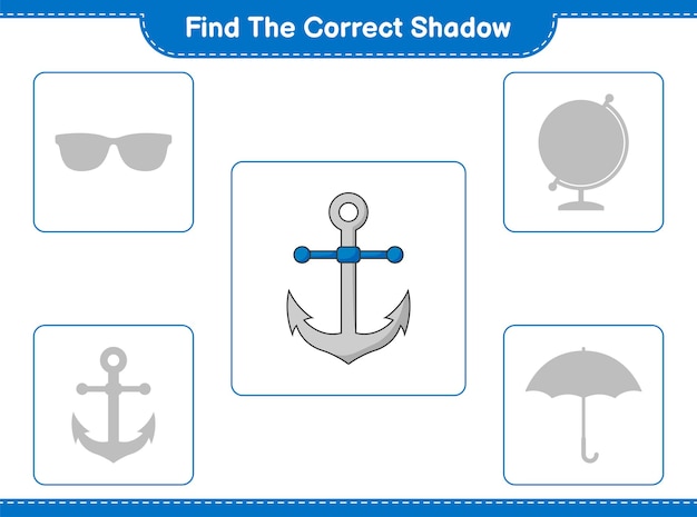 Find the correct shadow. find and match the correct shadow of anchor. educational children game, printable worksheet, vector illustration