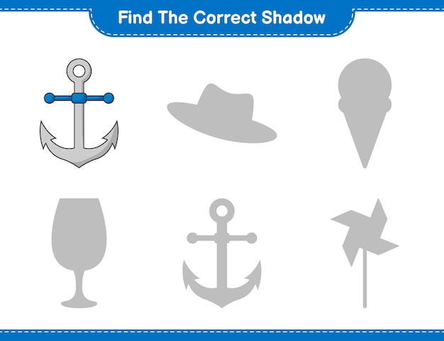 Trova l'ombra corretta. trova e abbina l'ombra corretta di anchor. gioco educativo per bambini, foglio di lavoro stampabile, illustrazione vettoriale