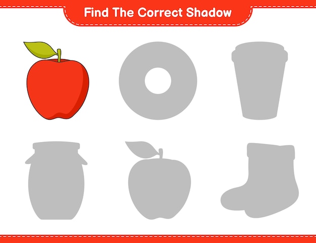 Find the correct shadow. Find and match the correct shadow of Apple. Educational children game, printable worksheet, vector illustration