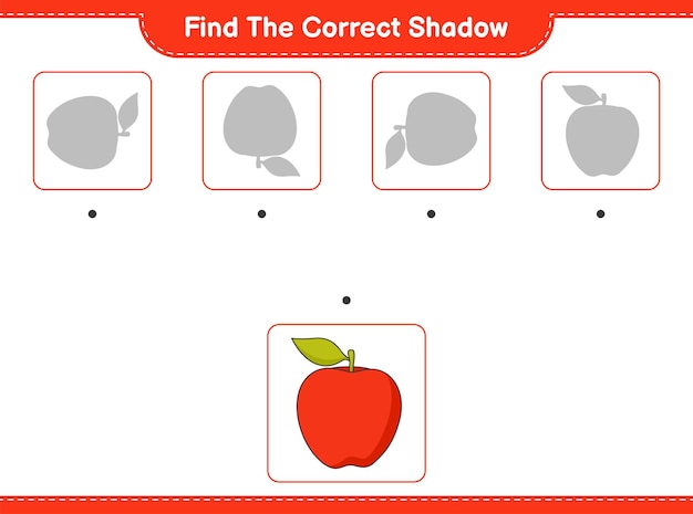 Найдите правильную тень. Найдите и сопоставьте правильную тень Apple. Развивающая детская игра, лист для печати, векторные иллюстрации