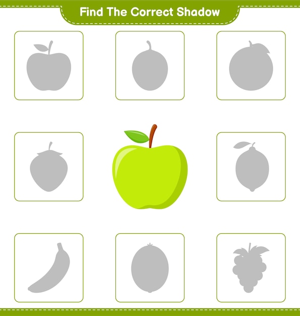 Trova l'ombra corretta. trova e abbina l'ombra corretta di apple. gioco educativo per bambini, foglio di lavoro stampabile