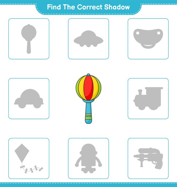 Найдите правильную тень Найдите и сопоставьте правильную тень детской погремушки Образовательная детская игра для печати векторная иллюстрация листа