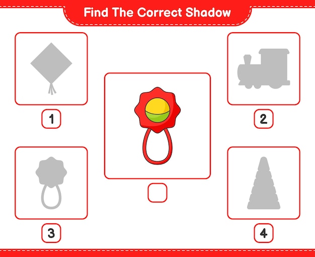 Find the correct shadow Find and match the correct shadow of Baby Rattle Educational children game printable worksheet vector illustration