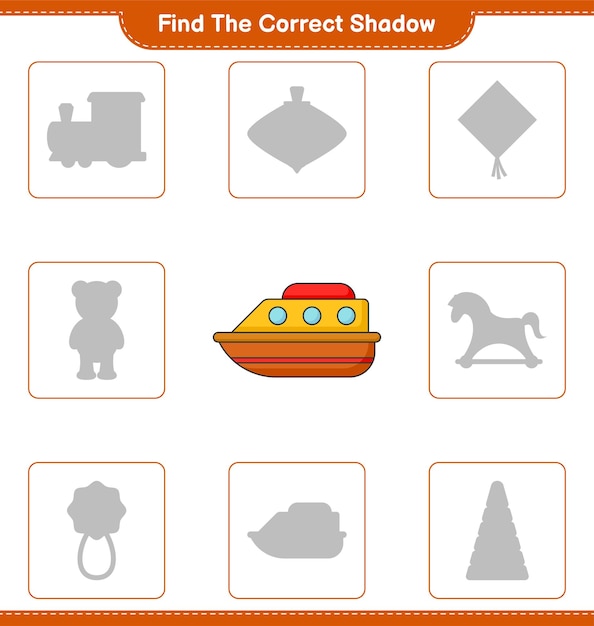 Find the correct shadow Find and match the correct shadow of Boat Educational children game printable worksheet vector illustration