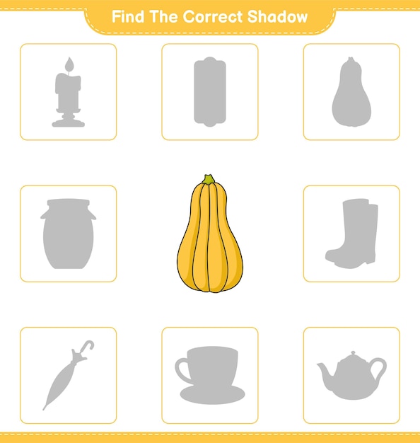 Trova l'ombra corretta. trova e abbina l'ombra corretta di butternut squash. gioco educativo per bambini, foglio di lavoro stampabile, illustrazione vettoriale