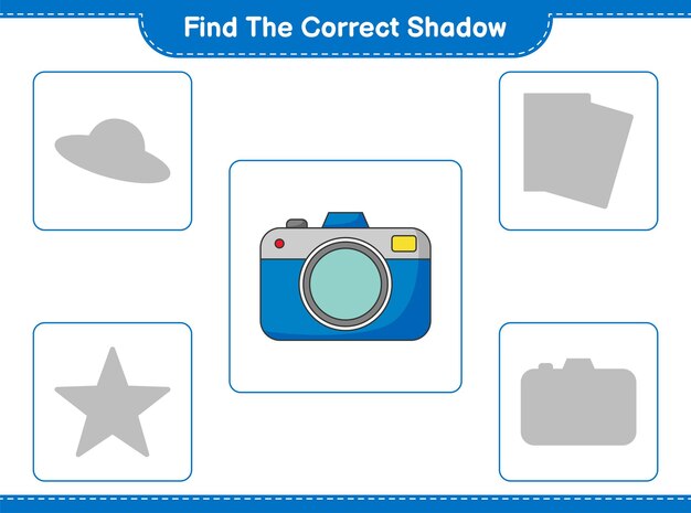 Find the correct shadow. Find and match the correct shadow of Camera. Educational children game, printable worksheet, vector illustration