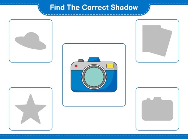 Find the correct shadow. find and match the correct shadow of camera. educational children game, printable worksheet, vector illustration