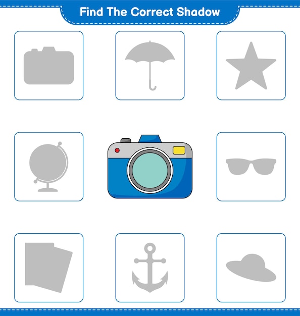 Find the correct shadow. find and match the correct shadow of camera. educational children game, printable worksheet, vector illustration