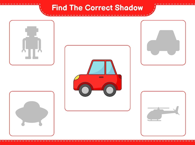 올바른 그림자 찾기 자동차 교육 어린이 게임 인쇄용 워크 시트 벡터 일러스트의 올바른 그림자를 찾아 일치시킵니다.