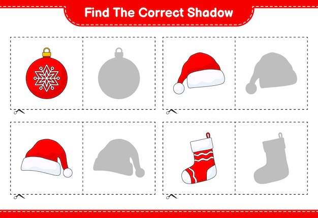 올바른 그림자 찾기 크리스마스 볼 산타 모자와 양말의 올바른 그림자를 찾아 일치시킵니다.