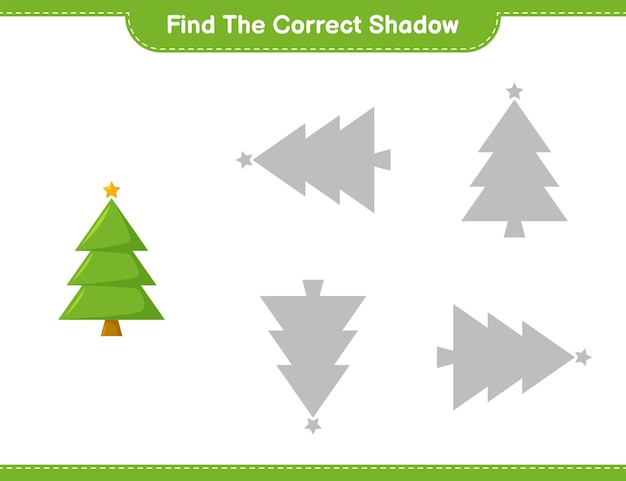 Find the correct shadow. Find and match the correct shadow of Christmas Tree. Educational children game 