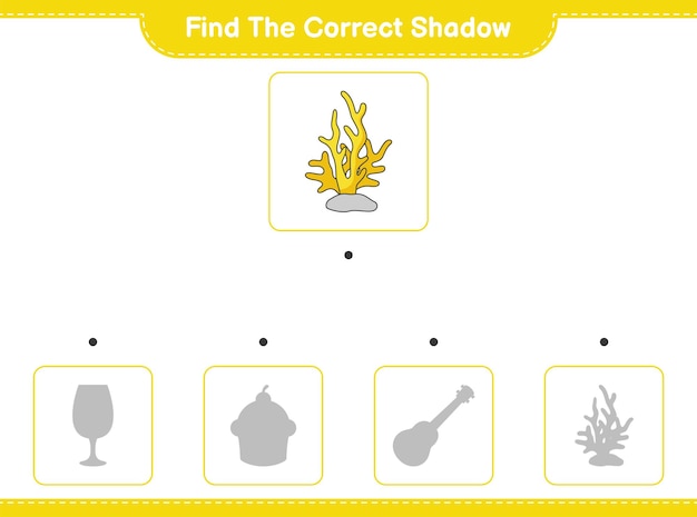 Trova l'ombra corretta. trova e abbina l'ombra corretta di coral. gioco educativo per bambini, foglio di lavoro stampabile, illustrazione vettoriale