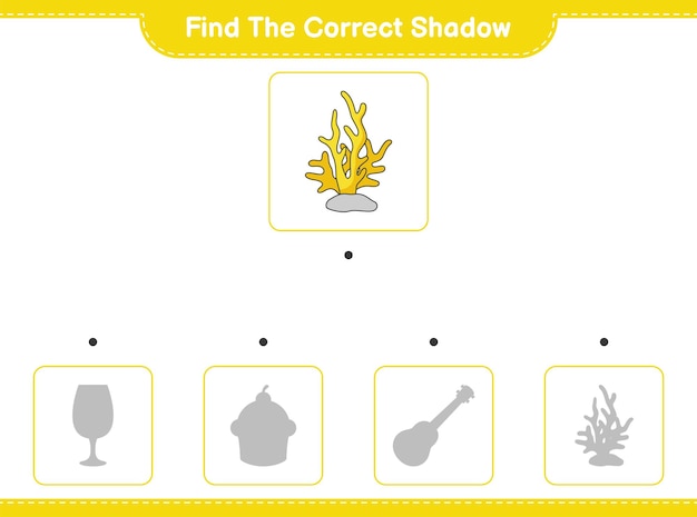 Find the correct shadow. find and match the correct shadow of coral. educational children game, printable worksheet, vector illustration