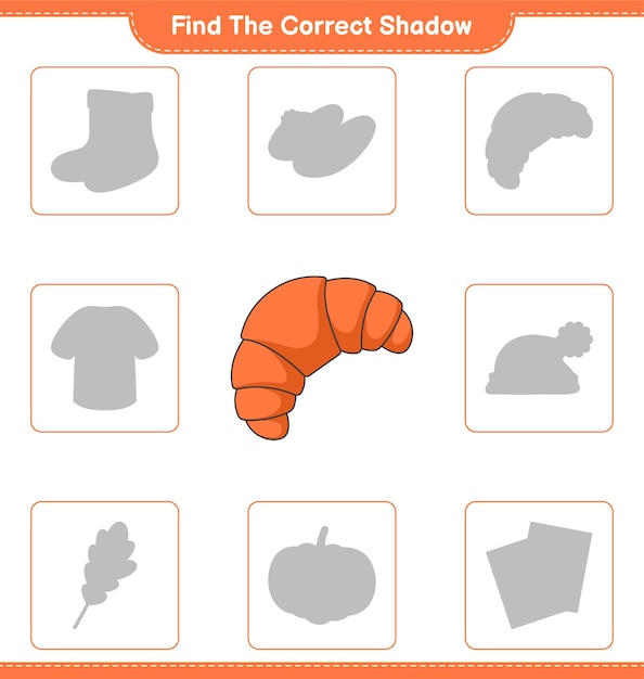 Find the correct shadow. Find and match the correct shadow of Croissant. Educational children game, printable worksheet, vector illustration