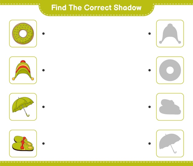 正しい影を見つけてください。ドーナツ、スリッパ、傘、帽子の正しい影を見つけて一致させます。教育的な子供たちのゲーム、印刷可能なワークシート、ベクトルイラスト