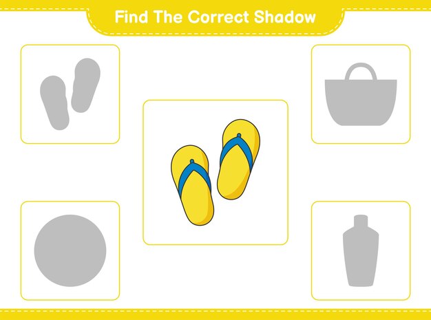 Trova l'ombra corretta. trova e abbina l'ombra corretta di flip flop. gioco educativo per bambini, foglio di lavoro stampabile, illustrazione vettoriale