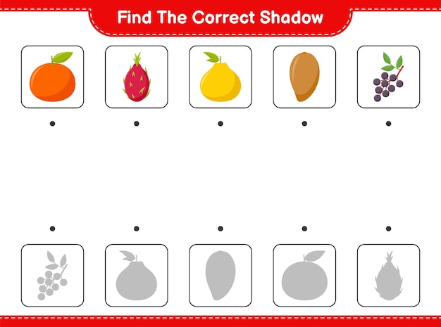正しい影を見つけてください。フルーツの正しい影を見つけて一致させます。教育的な子供向けゲーム、印刷可能なワークシート