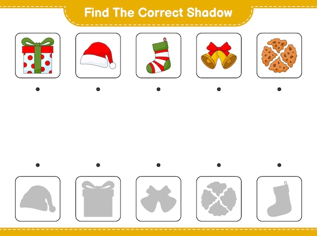 Find the correct shadow. Find and match the correct shadow of Gift Box, Santa Hat, Christmas Sock, Christmas Bell, and Cookies. Educational children game, printable worksheet, vector illustration