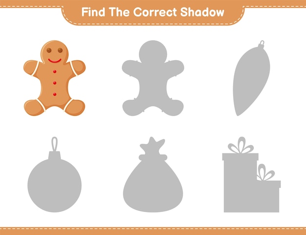 Trova l'ombra corretta. trova e abbina l'ombra corretta di gingerbread man. gioco educativo per bambini