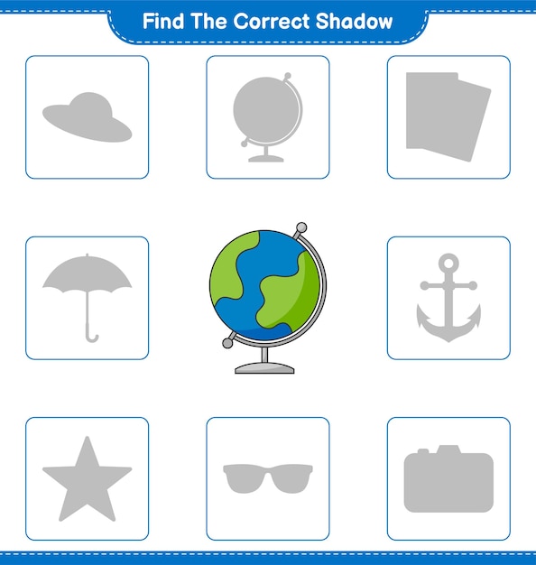 Vector find the correct shadow. find and match the correct shadow of globe. educational children game, printable worksheet, vector illustration