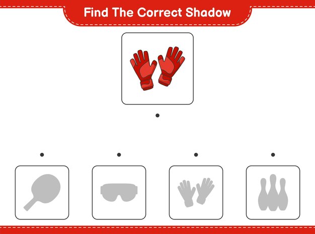 Vettore trova l'ombra corretta. trova e abbina l'ombra corretta dei guanti da portiere. gioco educativo per bambini, foglio di lavoro stampabile