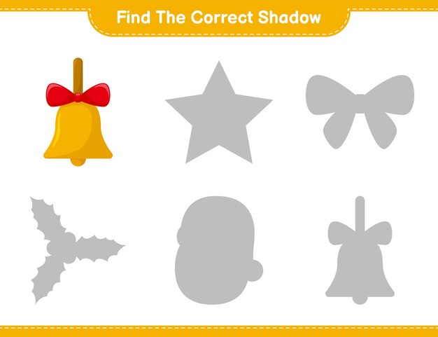 Find the correct shadow. find and match the correct shadow of golden christmas bells. educational children game