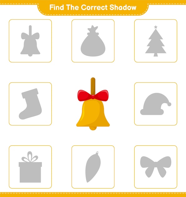 Find the correct shadow. Find and match the correct shadow of Golden Christmas Bells. Educational children game 