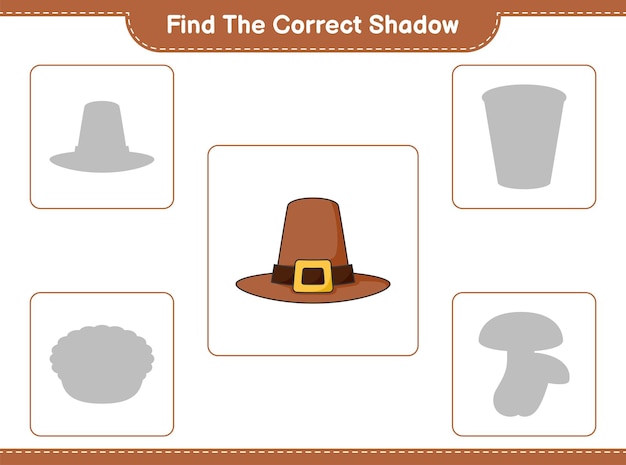 Find the correct shadow. Find and match the correct shadow of Hat. Educational children game, printable worksheet, vector illustration