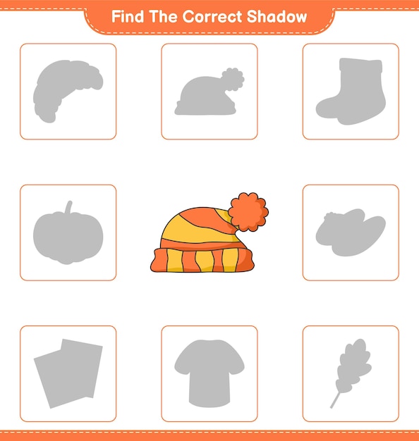 Find the correct shadow. find and match the correct shadow of hat. educational children game, printable worksheet, vector illustration